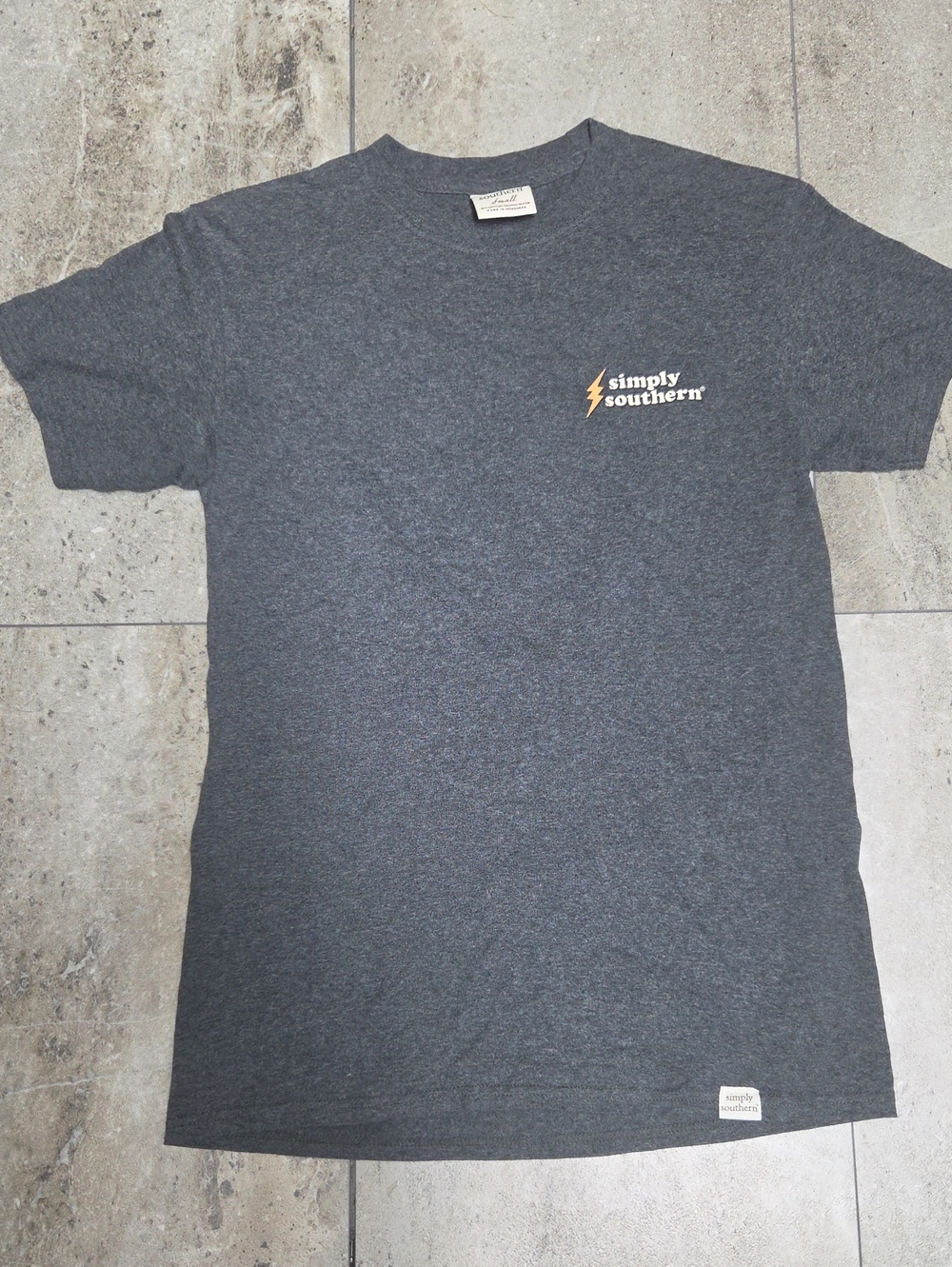 Simply Southern Heather Charcoal Short Sleeve Tee with Gold Lightning Logo